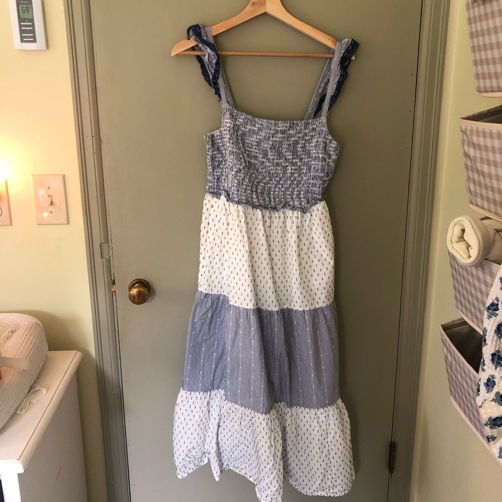 J Crew Smocked Midi Tiered Lined Cotton Dress